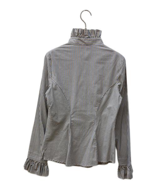 Vivienne Westwood RED LABEL（ヴィヴィアンウエストウッドレッドレーベル）Vivienne Westwood RED LABEL (ヴィヴィアンウエストウッドレッドレーベル) オーブ刺繍フリルカラーストライプシャツ ブルー×ブラウン サイズ:Mの古着・服飾アイテム