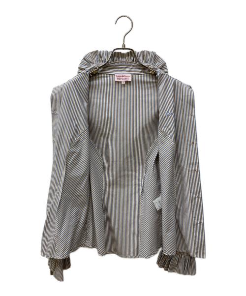 Vivienne Westwood RED LABEL（ヴィヴィアンウエストウッドレッドレーベル）Vivienne Westwood RED LABEL (ヴィヴィアンウエストウッドレッドレーベル) オーブ刺繍フリルカラーストライプシャツ ブルー×ブラウン サイズ:Mの古着・服飾アイテム
