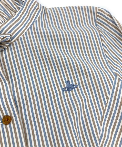 Vivienne Westwood RED LABEL（ヴィヴィアンウエストウッドレッドレーベル）Vivienne Westwood RED LABEL (ヴィヴィアンウエストウッドレッドレーベル) オーブ刺繍フリルカラーストライプシャツ ブルー×ブラウン サイズ:Mの古着・服飾アイテム