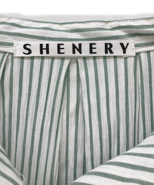 SHENERY（シーナリー）SHENERY (シーナリー) ストライプバンドカラーシャツ ホワイト×グリーン サイズ:FREEの古着・服飾アイテム