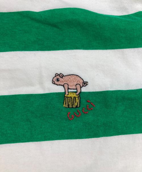 GUCCI（グッチ）GUCCI (グッチ) ピッグ刺繍ボーダーTシャツ ホワイト×グリーン サイズ:Sの古着・服飾アイテム