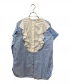 DRAWERドゥロワー）の古着「コットンストライプフリルスタンドカラーシャツ」｜スカイブルー
