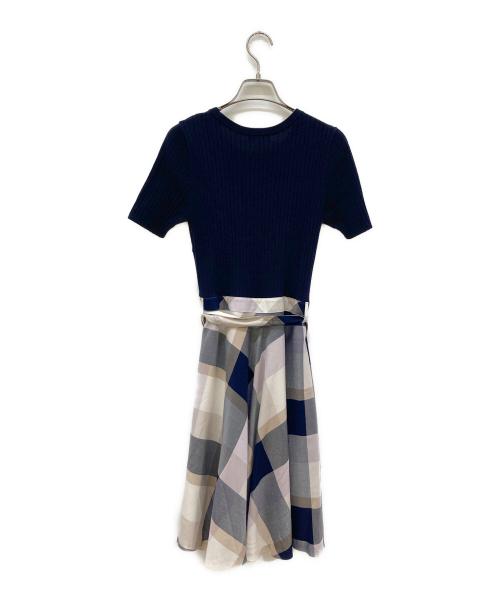 BLUE LABEL CRESTBRIDGE（ブルーレーベルクレストブリッジ）BLUE LABEL CRESTBRIDGE (ブルーレーベルクレストブリッジ) 切替チェックワンピース ベージュ×ネイビー サイズ:36の古着・服飾アイテム