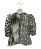 styling/スタイリング）の古着「ギンガムチェックギャザーブラウス」｜ブラック×ベージュ