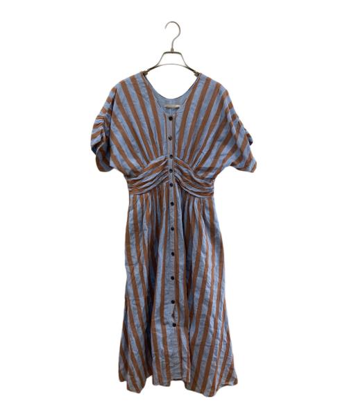 ne quittez pas（ヌキテパ）ne quittez pas (ヌキテパ) Cotton Voile Stripe Waist Gather Dress/ワンピース スカイブルー×ブラウン サイズ:Sの古着・服飾アイテム