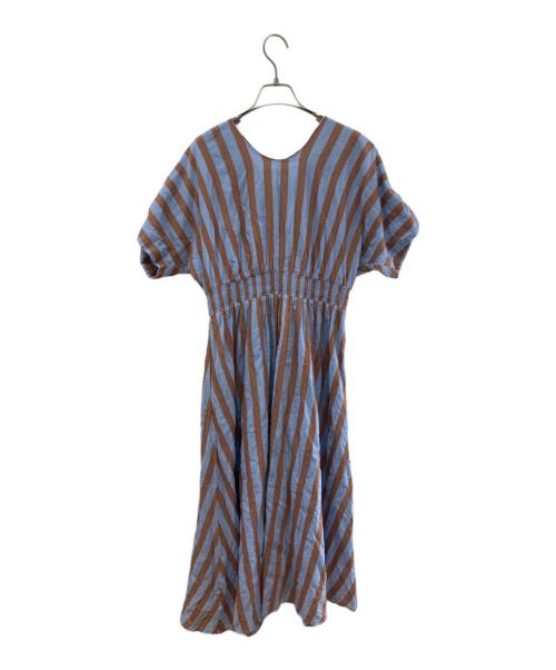 ne quittez pas（ヌキテパ）ne quittez pas (ヌキテパ) Cotton Voile Stripe Waist Gather Dress/ワンピース スカイブルー×ブラウン サイズ:Sの古着・服飾アイテム