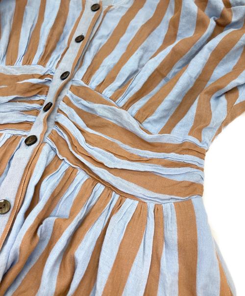 ne quittez pas（ヌキテパ）ne quittez pas (ヌキテパ) Cotton Voile Stripe Waist Gather Dress/ワンピース スカイブルー×ブラウン サイズ:Sの古着・服飾アイテム