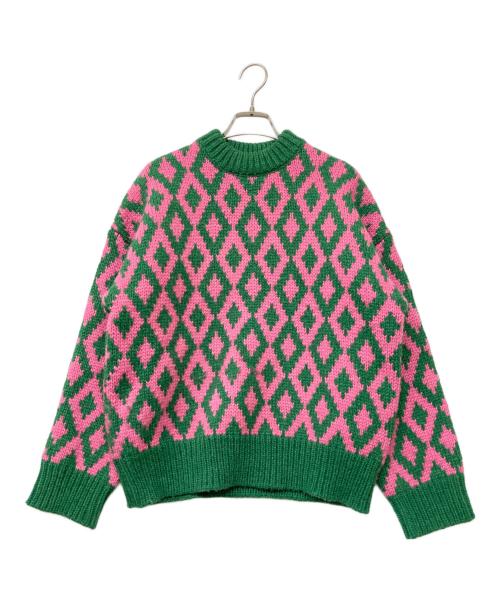 Jakke（ジャッキー）Jakke (ジャッキー) Amma アーガイルクルーネックニット ピンク×グリーン サイズ:38の古着・服飾アイテム