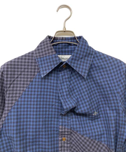 Vivienne Westwood man（ヴィヴィアン ウェストウッド マン）Vivienne Westwood man (ヴィヴィアン ウェストウッド マン) 変形ロングチェックシャツ ブルー×ブラック サイズ:size44の古着・服飾アイテム