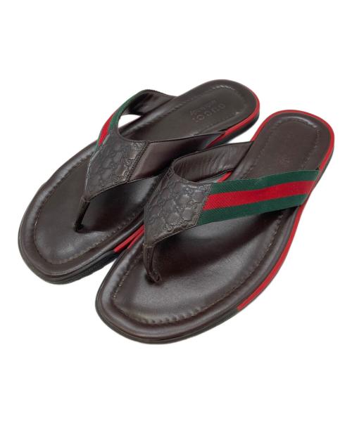 GUCCI（グッチ）GUCCI (グッチ) グッチシマシェリーウェブラインフラットレザーサンダル ブラウン サイズ:10の古着・服飾アイテム