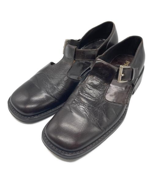 PRADA（プラダ）PRADA (プラダ) レザースクエアストラップシューズ ブラウン サイズ:9 1/2の古着・服飾アイテム