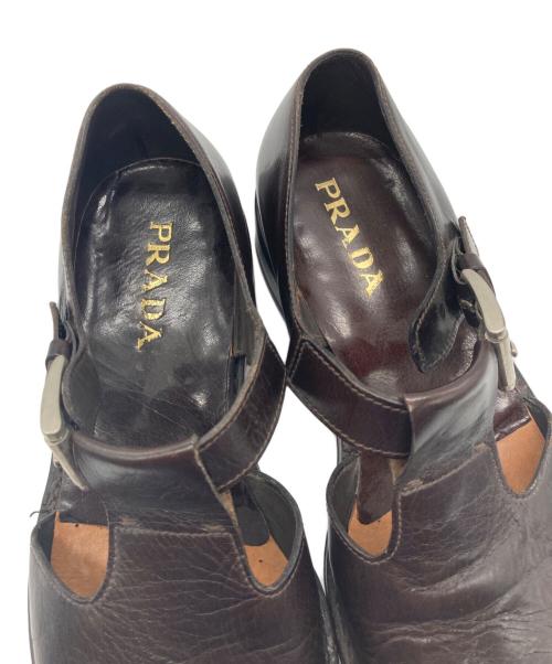 PRADA（プラダ）PRADA (プラダ) レザースクエアストラップシューズ ブラウン サイズ:9 1/2の古着・服飾アイテム
