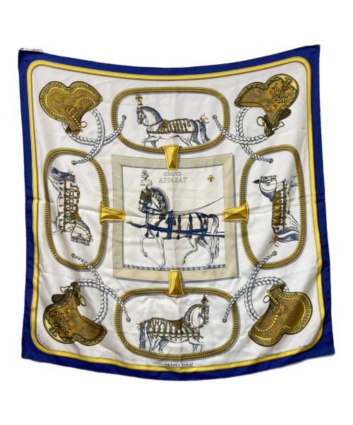 HERMES（エルメス）HERMES (エルメス) カレ90 グランアパラ 盛装の馬 ホワイト×ブルーの古着・服飾アイテム