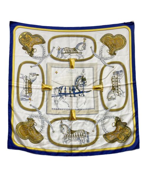 HERMES（エルメス）HERMES (エルメス) カレ90 グランアパラ 盛装の馬 ホワイト×ブルーの古着・服飾アイテム
