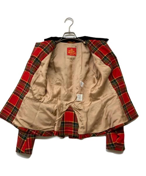 Vivienne Westwood（ヴィヴィアンウエストウッド）Vivienne Westwood (ヴィヴィアンウエストウッド) オーブボタン襟切替ウールチェックセットアップ レッド サイズ:42の古着・服飾アイテム