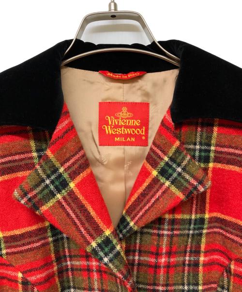 Vivienne Westwood（ヴィヴィアンウエストウッド）Vivienne Westwood (ヴィヴィアンウエストウッド) オーブボタン襟切替ウールチェックセットアップ レッド サイズ:42の古着・服飾アイテム