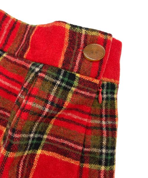 Vivienne Westwood（ヴィヴィアンウエストウッド）Vivienne Westwood (ヴィヴィアンウエストウッド) オーブボタン襟切替ウールチェックセットアップ レッド サイズ:42の古着・服飾アイテム