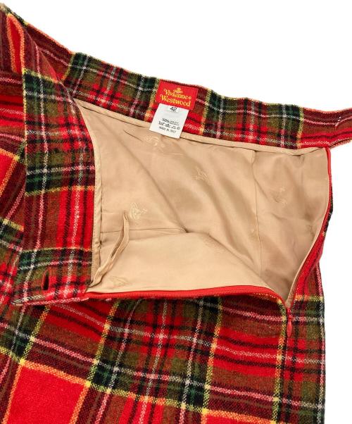 Vivienne Westwood（ヴィヴィアンウエストウッド）Vivienne Westwood (ヴィヴィアンウエストウッド) オーブボタン襟切替ウールチェックセットアップ レッド サイズ:42の古着・服飾アイテム