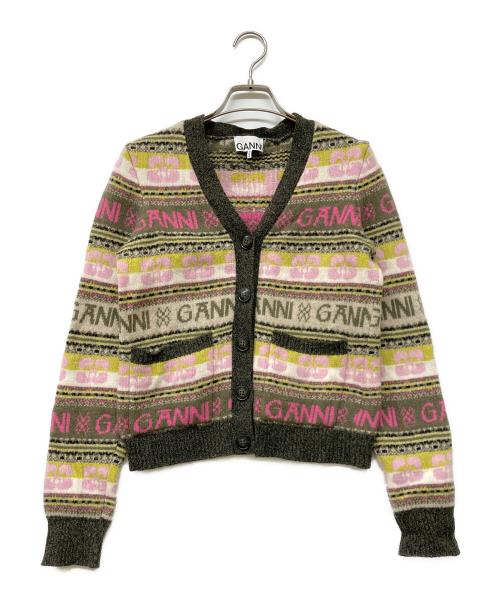 GANNI（ガニー）Ganni (ガニー) ウールブレンドマルチロゴニットカーディガン ホワイト×ベージュ サイズ:XSの古着・服飾アイテム
