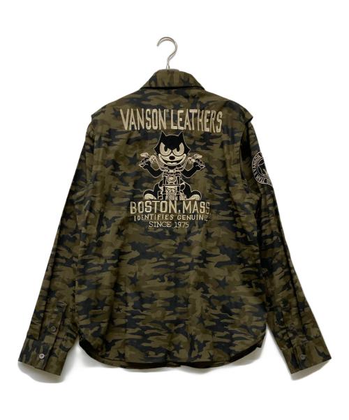VANSON（バンソン）VANSON (バンソン) Felix the Cat (フィリックスザキャット) スターカモワークシャツ ブラック×カーキ サイズ:Lの古着・服飾アイテム