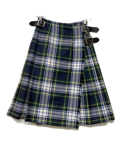 O'NEIL OF DUBLIN（オニールオブダブリン）O'NEIL OF DUBLIN (オニールオブダブリン) ウールフチェックベルテッドプリーツラップスカート ホワイト×グリーン×ネイビー サイズ:40の古着・服飾アイテム