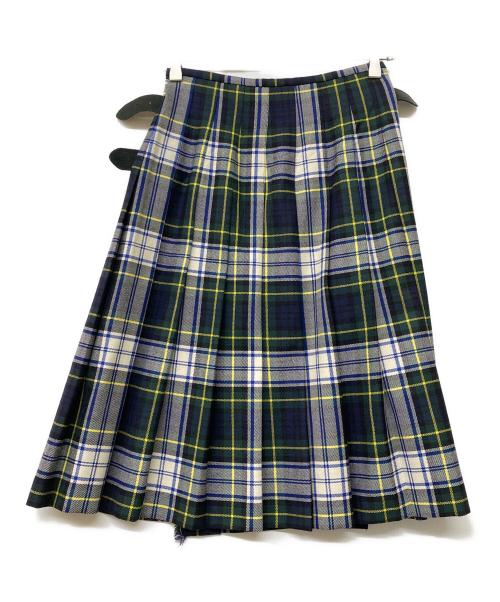 O'NEIL OF DUBLIN（オニールオブダブリン）O'NEIL OF DUBLIN (オニールオブダブリン) ウールフチェックベルテッドプリーツラップスカート ホワイト×グリーン×ネイビー サイズ:40の古着・服飾アイテム