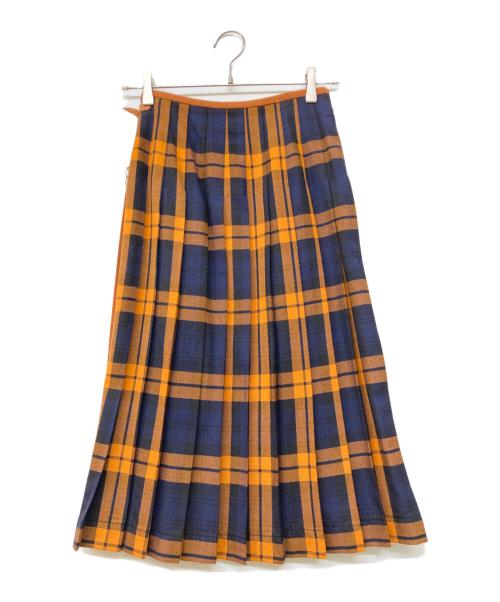 O'NEIL OF DUBLIN（オニールオブダブリン）O'NEIL OF DUBLIN (オニールオブダブリン) ウールフチェックベルテッドプリーツラップスカート ブラウン×ネイビー サイズ:Lの古着・服飾アイテム