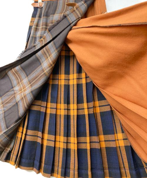 O'NEIL OF DUBLIN（オニールオブダブリン）O'NEIL OF DUBLIN (オニールオブダブリン) ウールフチェックベルテッドプリーツラップスカート ブラウン×ネイビー サイズ:Lの古着・服飾アイテム