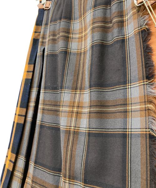 O'NEIL OF DUBLIN（オニールオブダブリン）O'NEIL OF DUBLIN (オニールオブダブリン) ウールフチェックベルテッドプリーツラップスカート ブラウン×ネイビー サイズ:Lの古着・服飾アイテム
