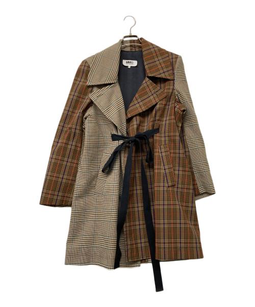 MM6 Maison Margiela（エムエムシックスメゾンマルジェラ）MM6 Maison Margiela 19AW MM6 docking Check wrap coat(ナイン・エーダブリュー・エムエムシックス・ドッキング・チェック・ラップ・コート) ブラウン サイズ:SIZE 38の古着・服飾アイテム