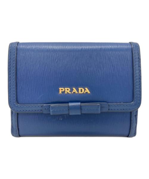 PRADA（プラダ）PRADA (プラダ) ロゴプレートサフィアーノコンパクトウォレット ブルーの古着・服飾アイテム