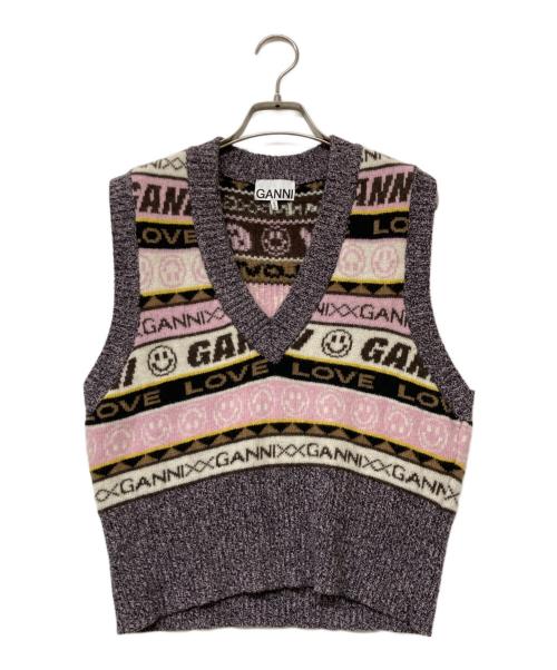 GANNI（ガニー）GANNI (ガニー) ロゴニットベスト グレー×ピンク サイズ:sizeSの古着・服飾アイテム