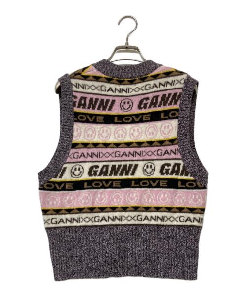 GANNI（ガニー）GANNI (ガニー) ロゴニットベスト グレー×ピンク サイズ:sizeSの古着・服飾アイテム