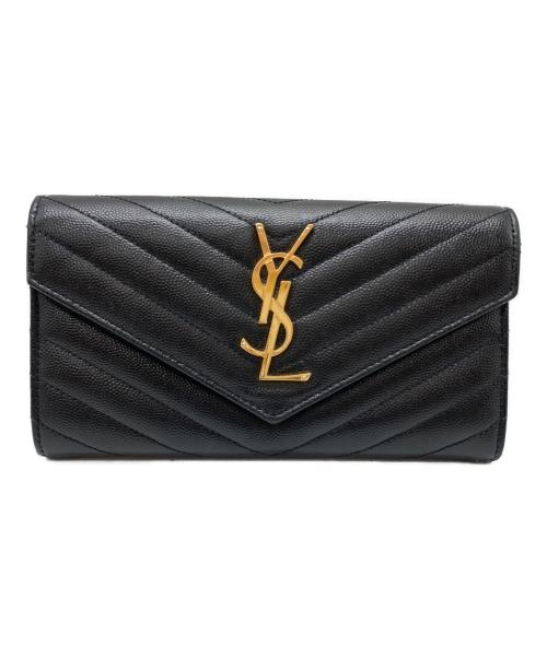 Yves Saint Laurent（イヴサンローラン）Yves Saint Laurent (イヴサンローラン) カサンドラ YSLロゴフラップロングウォレット ブラックの古着・服飾アイテム