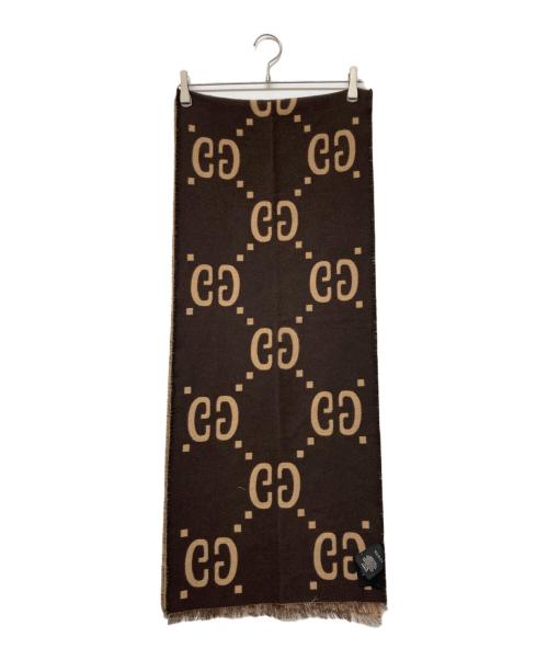 GUCCI（グッチ）GUCCI (グッチ) GGジャガードウールシルクスカーフ ベージュ×ブラウンの古着・服飾アイテム