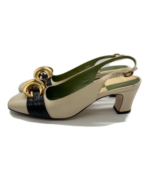 GUCCI（グッチ）GUCCI (グッチ) ハーフムーンGG バックストラップ パンプス ホワイト×グリーン サイズ:size36の古着・服飾アイテム