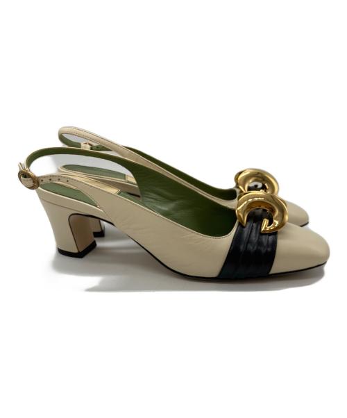 GUCCI（グッチ）GUCCI (グッチ) ハーフムーンGG バックストラップ パンプス ホワイト×グリーン サイズ:size36の古着・服飾アイテム