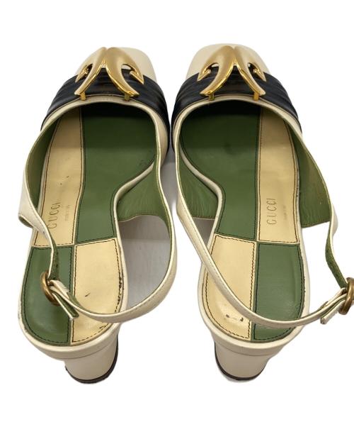 GUCCI（グッチ）GUCCI (グッチ) ハーフムーンGG バックストラップ パンプス ホワイト×グリーン サイズ:size36の古着・服飾アイテム