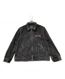 AVIREX（アヴィレックス）の古着「LEATHER PATCH DENIM JACKET(レザー パッチ デニム ジャケット)」｜ブラック