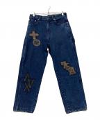 AVIREXアヴィレックス）の古着「LEATHER PATCH DENIM PANTS(レザー パッチ デニム パンツ)」｜インディゴ