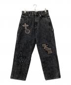 AVIREXアヴィレックス）の古着「LEATHER PATCH DENIM PANTS(レザー パッチ デニム パンツ)」｜ブラック