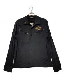 VANSON（バンソン）の古着「スカル刺繍レーヨンシャツ」｜ブラック