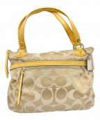 COACHコーチ）の古着「Poppy Signature Satin Glam Tote（ポピー シグネチャー サテン グラム トート）」｜ベージュ×イエロー
