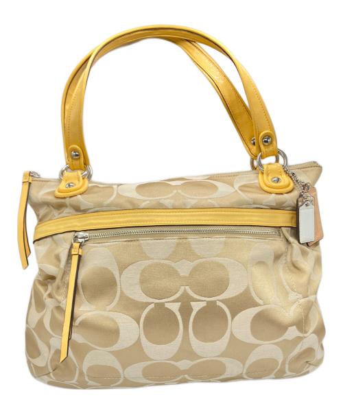COACH（コーチ）COACH (コーチ) Poppy Signature Satin Glam Tote（ポピー シグネチャー サテン グラム トート） ベージュ×イエローの古着・服飾アイテム
