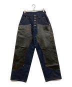 Ballsy.Brothersボールジーブラザーズ）の古着「ウエスタンダブルニーレザースイッチングワイドデニムパンツ」｜インディゴ