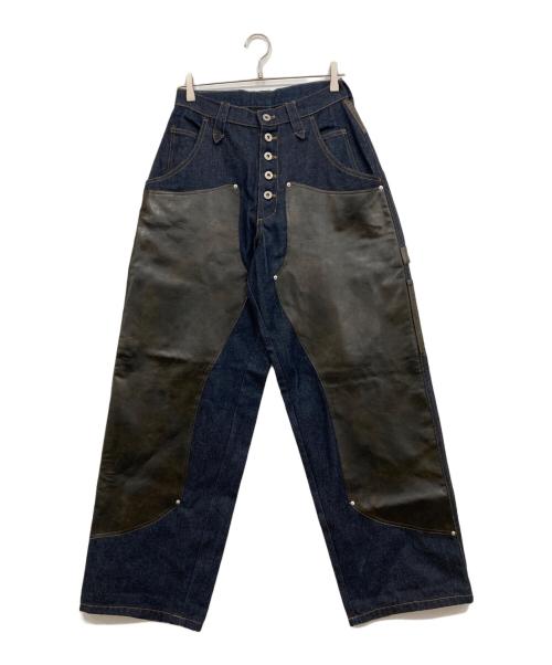 Ballsy.Brothers（ボールジーブラザーズ）Ballsy.Brothers (ボールジーブラザーズ) ウエスタンダブルニーレザースイッチングワイドデニムパンツ インディゴ サイズ:Mの古着・服飾アイテム