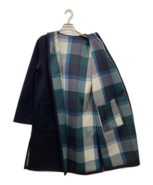 BLUE LABEL CRESTBRIDGE（ブルーレーベルクレストブリッジ）BLUE LABEL CRESTBRIDGE (ブルーレーベルクレストブリッジ) クレストブリッジチェックリバーシブルダンボールミディ丈コーディガン ネイビー サイズ:38の古着・服飾アイテム