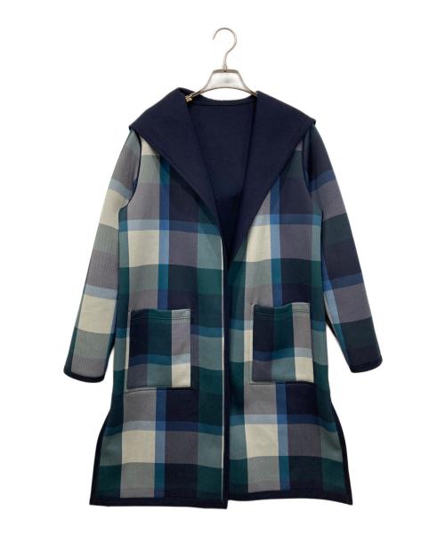 BLUE LABEL CRESTBRIDGE（ブルーレーベルクレストブリッジ）BLUE LABEL CRESTBRIDGE (ブルーレーベルクレストブリッジ) クレストブリッジチェックリバーシブルダンボールミディ丈コーディガン ネイビー サイズ:38の古着・服飾アイテム