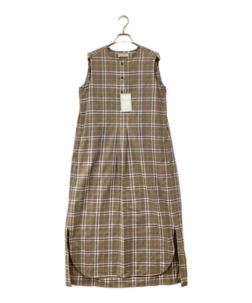 MACPHEE（マカフィー）MACPHEE (マカフィー) コットンチェックプリント ノースリーブワンピース ベージュ×パープル サイズ:36 未使用品の古着・服飾アイテム