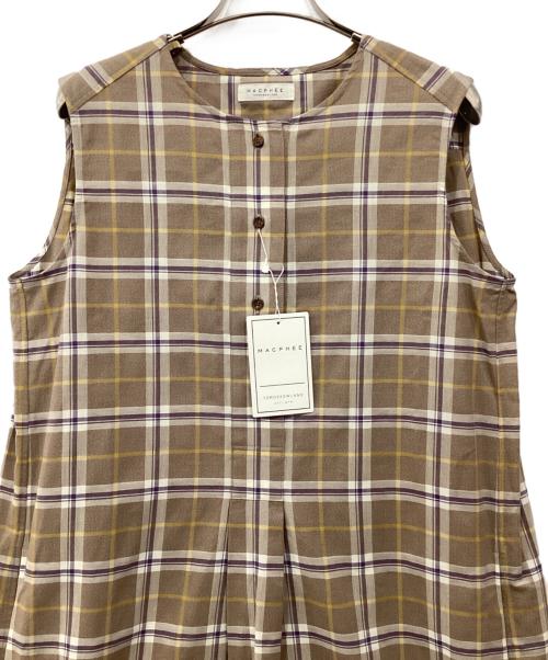 MACPHEE（マカフィー）MACPHEE (マカフィー) コットンチェックプリント ノースリーブワンピース ベージュ×パープル サイズ:36 未使用品の古着・服飾アイテム
